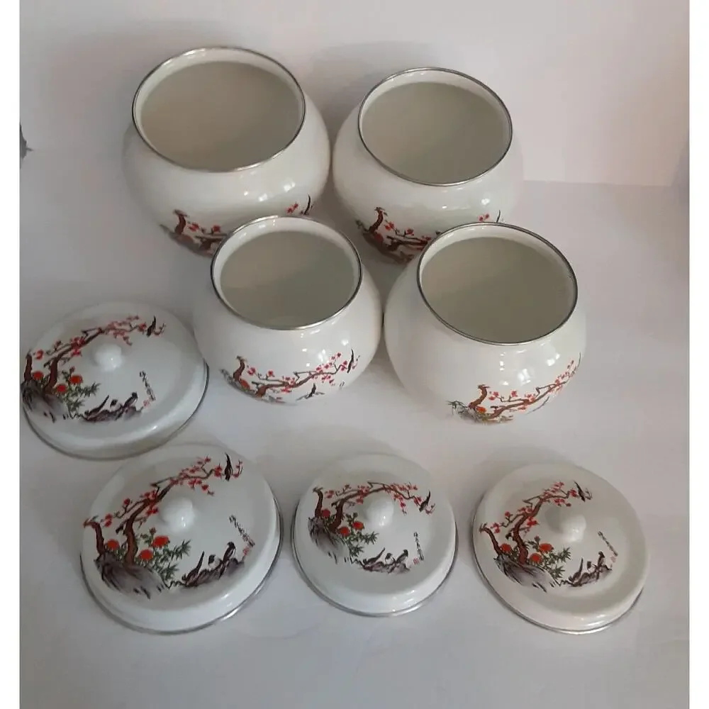 Vintage Plum Flower & Bird of Paradise Metal Cannister set Handpainted Enamel